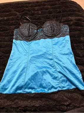 Frederick's of Hollywood Black & Blue Lace Satin Chemise